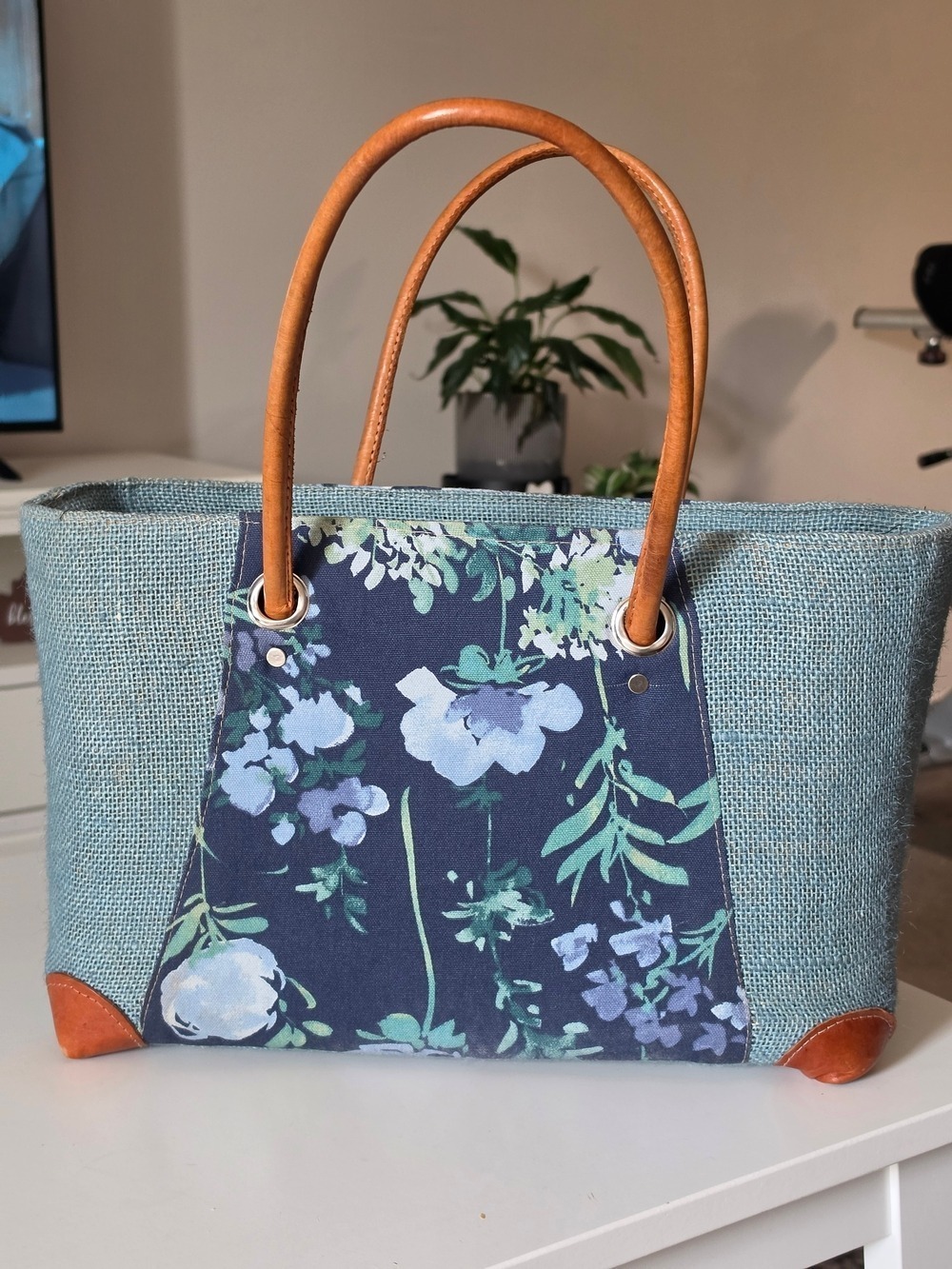 Blue Floral Canvas Tote Bag with Tan Faux Leather Accents - Picture 4 of 8